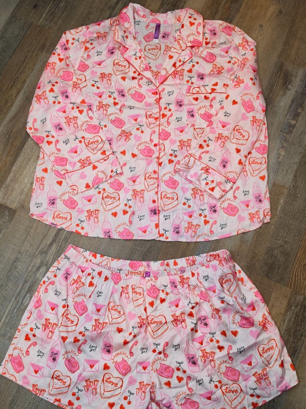 Adore Me Pink Love Letter Print Satin Pajama Set 2X